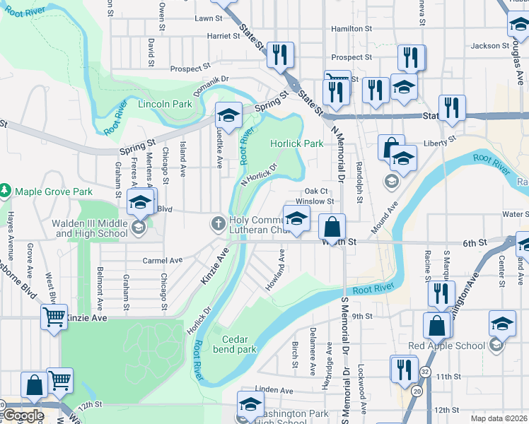 map of restaurants, bars, coffee shops, grocery stores, and more near 424 Parkview Drive in Racine