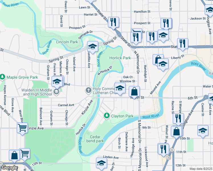 map of restaurants, bars, coffee shops, grocery stores, and more near 424 Parkview Drive in Racine