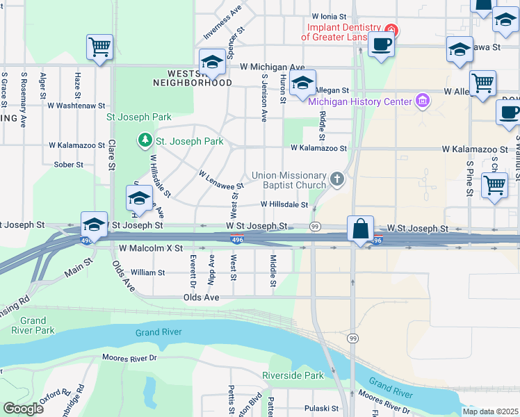 map of restaurants, bars, coffee shops, grocery stores, and more near 602 South Jenison Avenue in Lansing