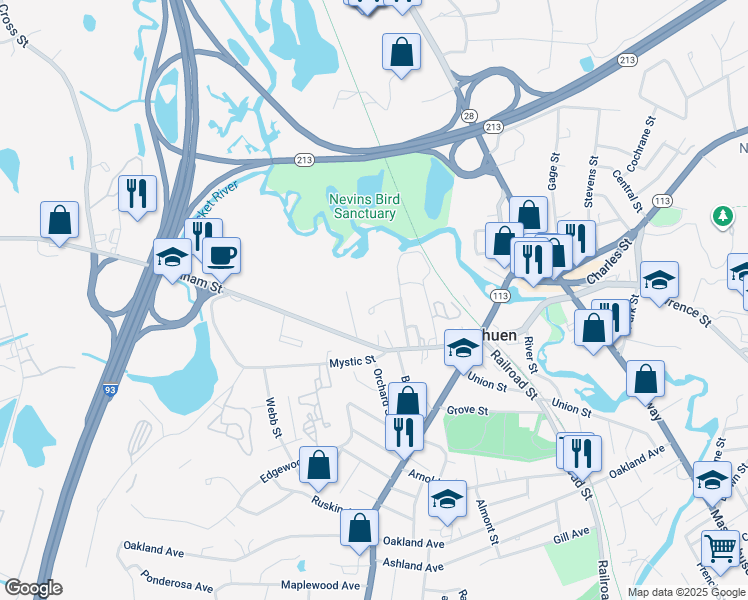 map of restaurants, bars, coffee shops, grocery stores, and more near 7 Bentley Circle in Methuen