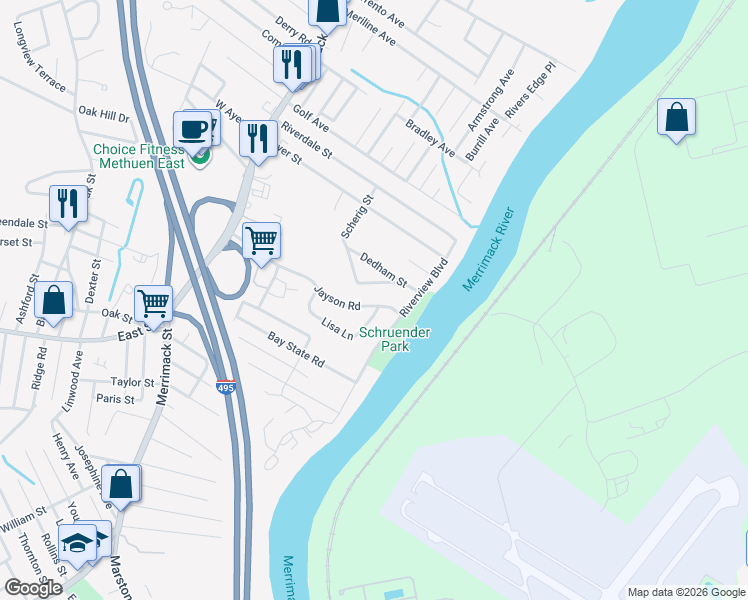 map of restaurants, bars, coffee shops, grocery stores, and more near 57 Vida Street in Methuen