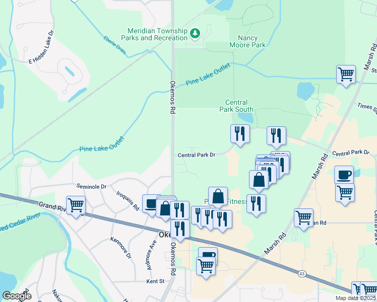 map of restaurants, bars, coffee shops, grocery stores, and more near 2068 Central Park Drive in Meridian charter Township