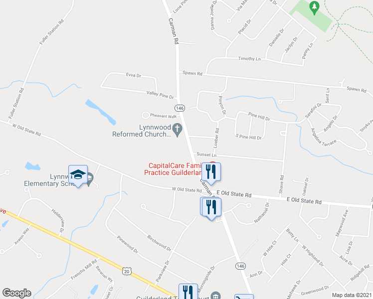 map of restaurants, bars, coffee shops, grocery stores, and more near 3724 Carman Road in Schenectady