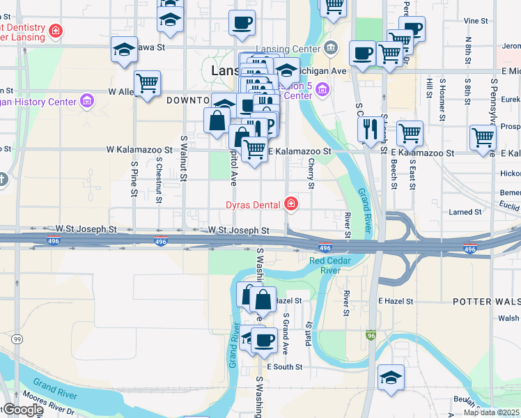 map of restaurants, bars, coffee shops, grocery stores, and more near 599 South Washington Avenue in Lansing