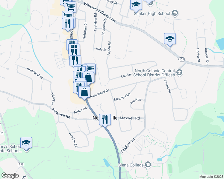 map of restaurants, bars, coffee shops, grocery stores, and more near 11 Homestead Drive in Latham