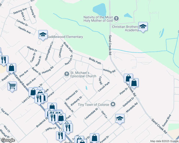 map of restaurants, bars, coffee shops, grocery stores, and more near 25 Stirrup Drive in Colonie