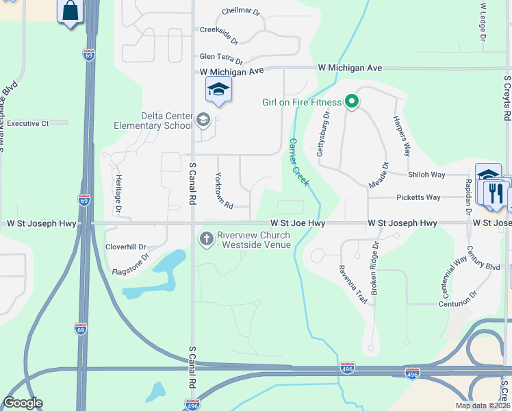 map of restaurants, bars, coffee shops, grocery stores, and more near 7408 Yorktown Road in Lansing