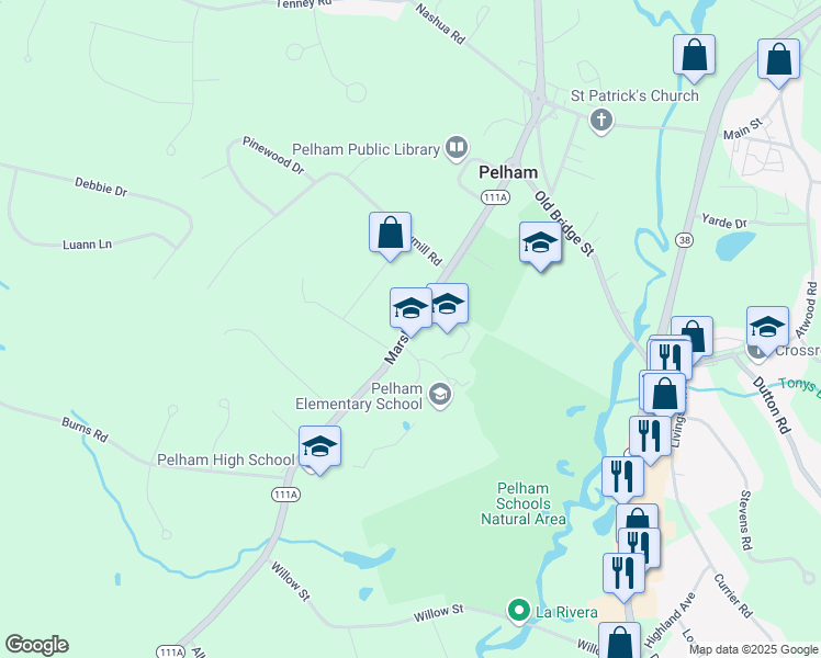 map of restaurants, bars, coffee shops, grocery stores, and more near 59 Marsh Road in Pelham