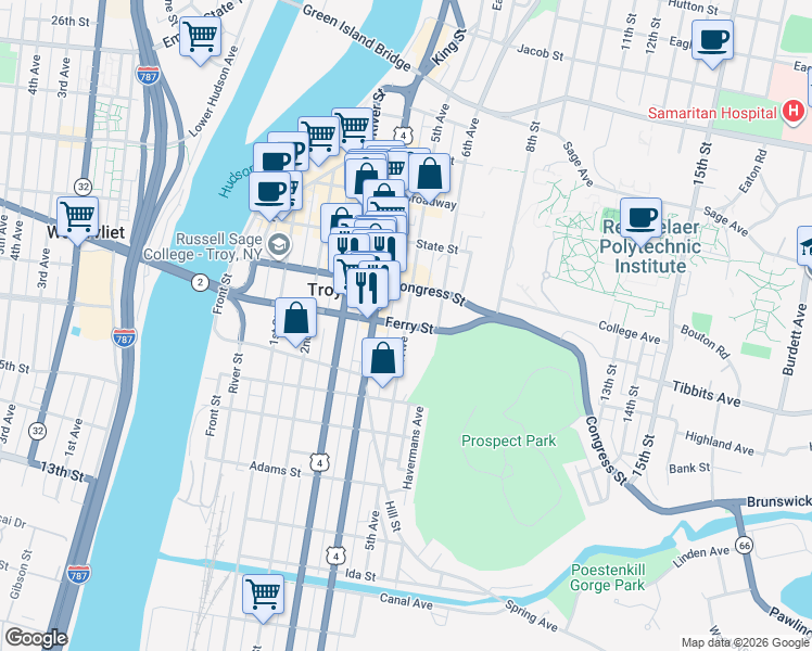 map of restaurants, bars, coffee shops, grocery stores, and more near Ferry Street & 5th Avenue in Troy