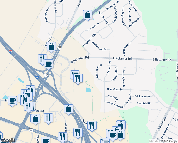 map of restaurants, bars, coffee shops, grocery stores, and more near 2990 East Rotamer Road in Janesville