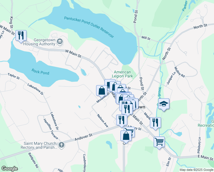 map of restaurants, bars, coffee shops, grocery stores, and more near 82 West Main Street in Georgetown