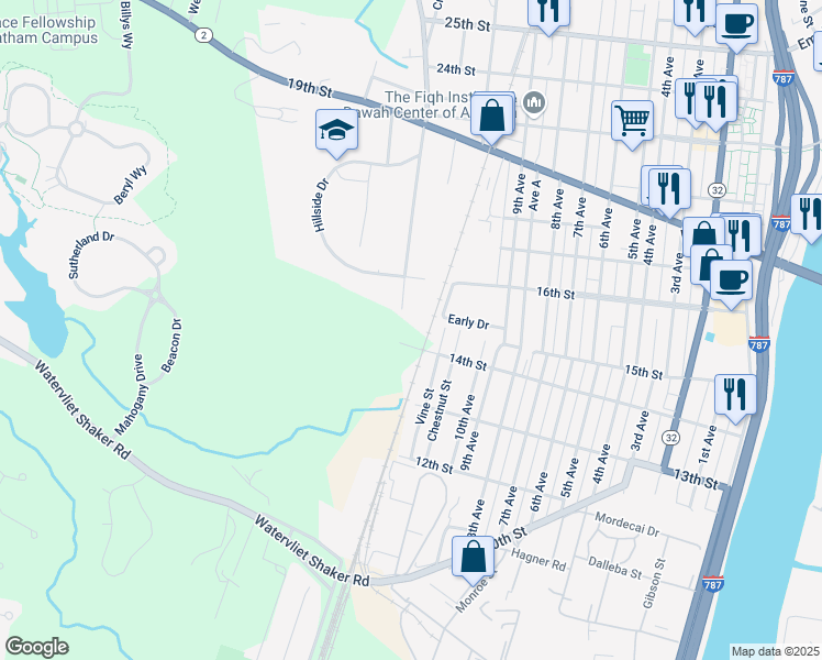 map of restaurants, bars, coffee shops, grocery stores, and more near 1021 Barker Lane in Watervliet
