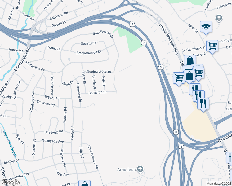 map of restaurants, bars, coffee shops, grocery stores, and more near 84 Spindlewick Drive in Nashua