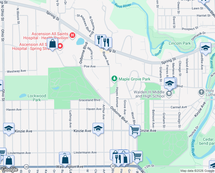 map of restaurants, bars, coffee shops, grocery stores, and more near in Racine
