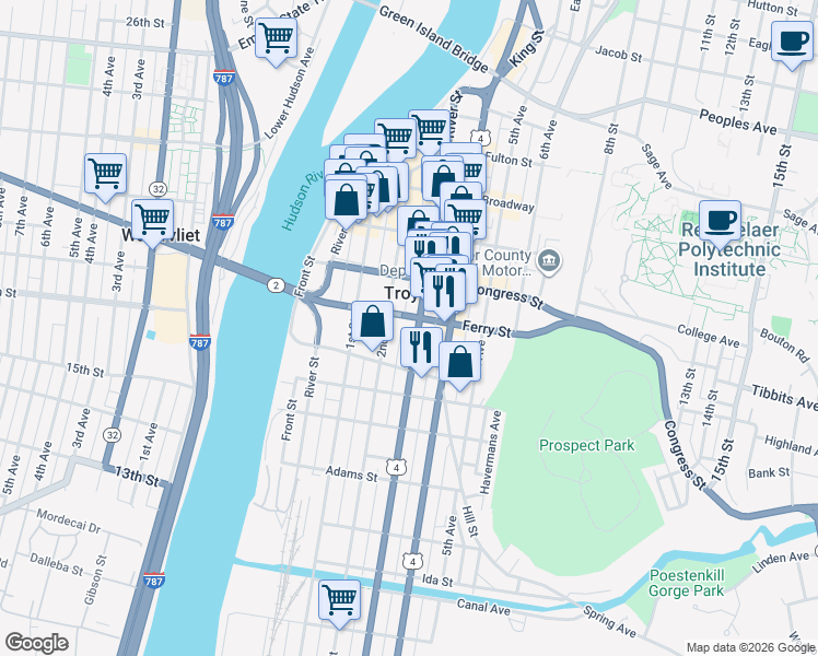 map of restaurants, bars, coffee shops, grocery stores, and more near 108 2nd Street in Troy