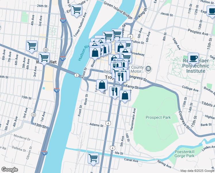 map of restaurants, bars, coffee shops, grocery stores, and more near 108 2nd Street in Troy