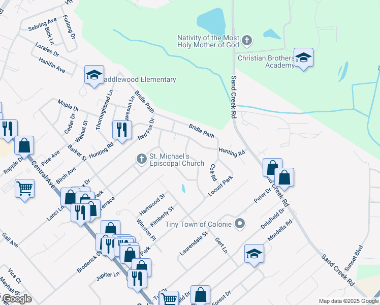 map of restaurants, bars, coffee shops, grocery stores, and more near 25 Stirrup Drive in Colonie