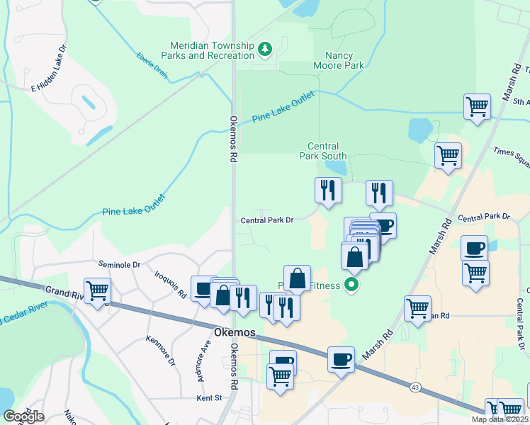 map of restaurants, bars, coffee shops, grocery stores, and more near 2068 Central Park Drive in Meridian charter Township
