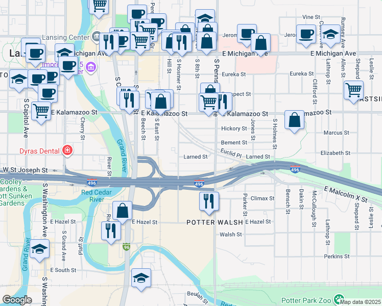 map of restaurants, bars, coffee shops, grocery stores, and more near 827 Larned Street in Lansing