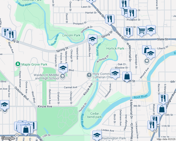 map of restaurants, bars, coffee shops, grocery stores, and more near 2000 Rupert Boulevard in Racine