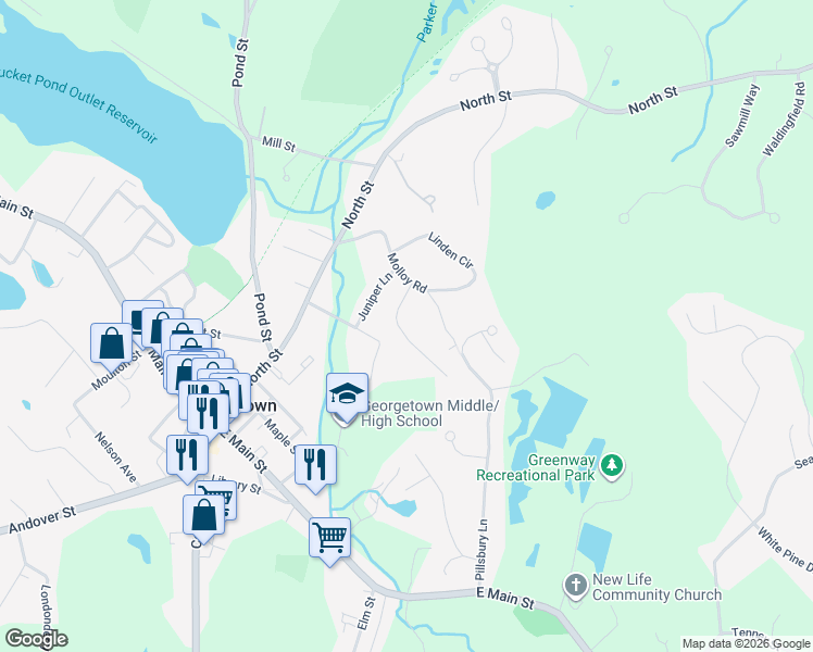 map of restaurants, bars, coffee shops, grocery stores, and more near 12 Larch Road in Georgetown