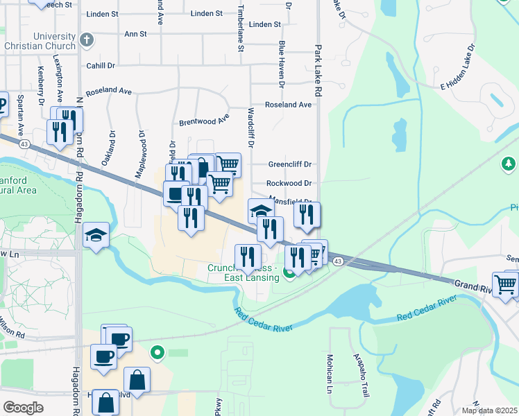map of restaurants, bars, coffee shops, grocery stores, and more near 5042 Wardcliff Dr in East Lansing