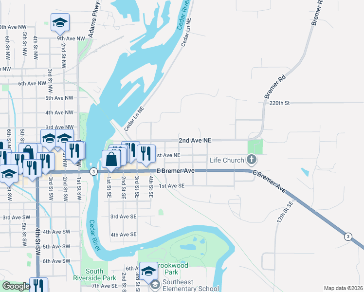 map of restaurants, bars, coffee shops, grocery stores, and more near 214 6th Street Northeast in Waverly