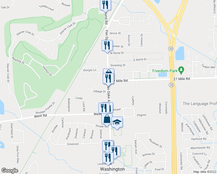 map of restaurants, bars, coffee shops, grocery stores, and more near 58890 Van Dyke in Washington