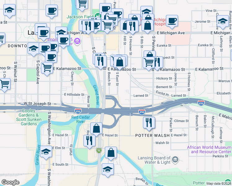 map of restaurants, bars, coffee shops, grocery stores, and more near 619 East Hillsdale Street in Lansing