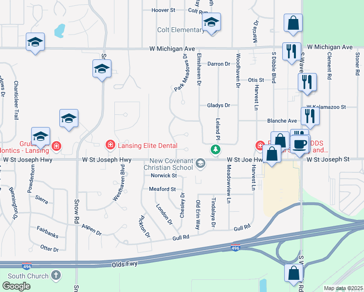 map of restaurants, bars, coffee shops, grocery stores, and more near 4522 Wildflower Way in Lansing