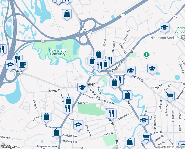 map of restaurants, bars, coffee shops, grocery stores, and more near 6 Lowell Street in Methuen