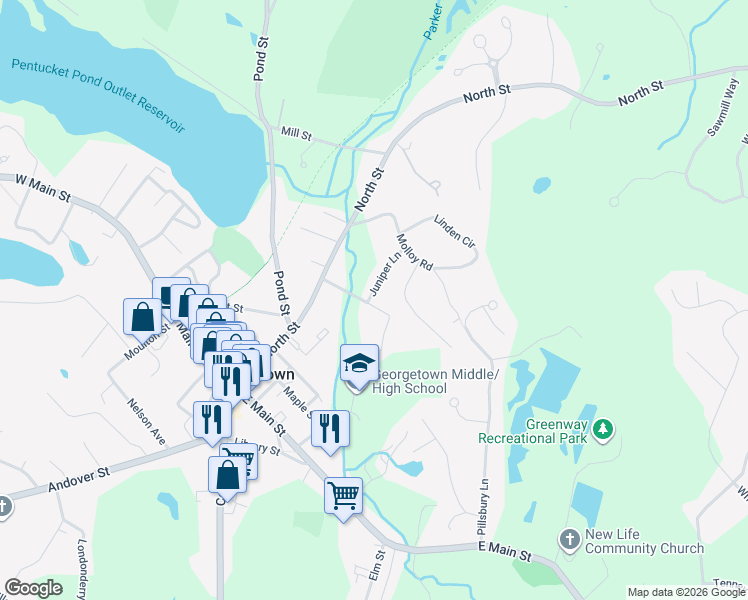 map of restaurants, bars, coffee shops, grocery stores, and more near 28 Summer Street in Georgetown