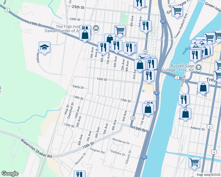 map of restaurants, bars, coffee shops, grocery stores, and more near 1530 7th Avenue in Watervliet
