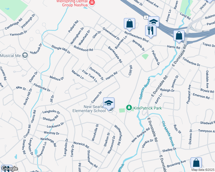 map of restaurants, bars, coffee shops, grocery stores, and more near 36 Cannon Drive in Nashua