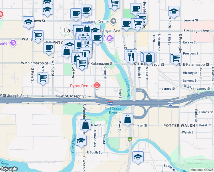 map of restaurants, bars, coffee shops, grocery stores, and more near 533 Cherry Street in Lansing