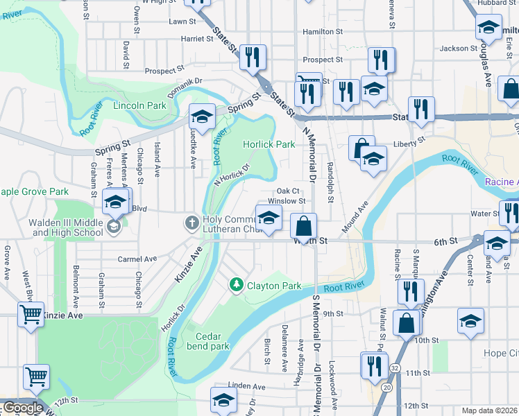 map of restaurants, bars, coffee shops, grocery stores, and more near 423 Cliff Avenue in Racine