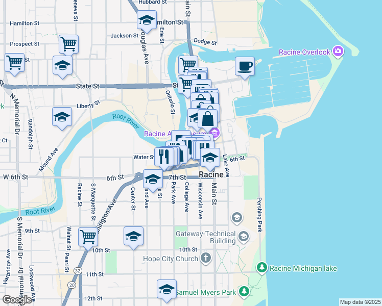 map of restaurants, bars, coffee shops, grocery stores, and more near 500 Wisconsin Avenue in Racine