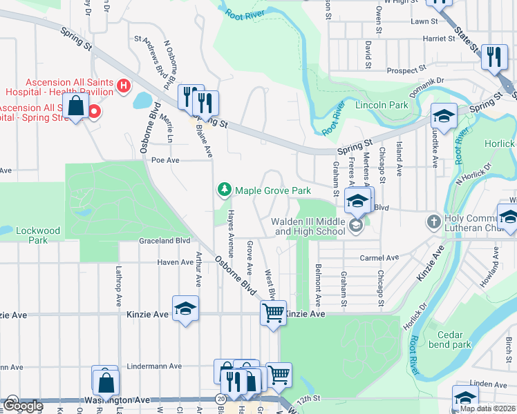 map of restaurants, bars, coffee shops, grocery stores, and more near 431 West Boulevard in Racine