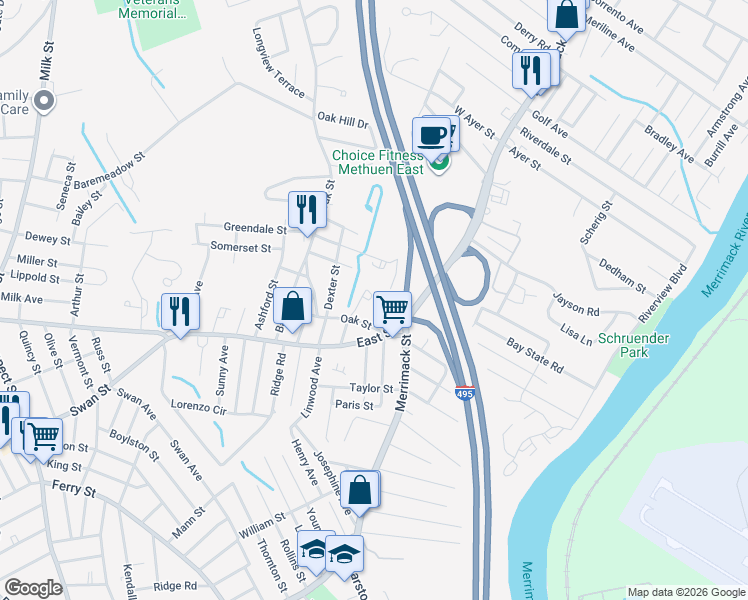 map of restaurants, bars, coffee shops, grocery stores, and more near 23 Oak Street in Methuen