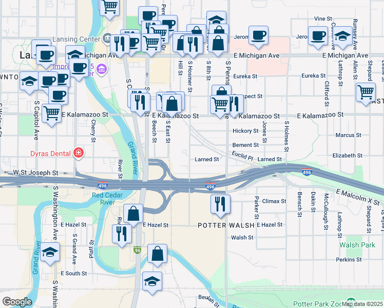 map of restaurants, bars, coffee shops, grocery stores, and more near 617 South Hosmer Street in Lansing