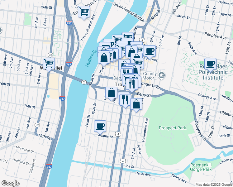 map of restaurants, bars, coffee shops, grocery stores, and more near 108 2nd Street in Troy