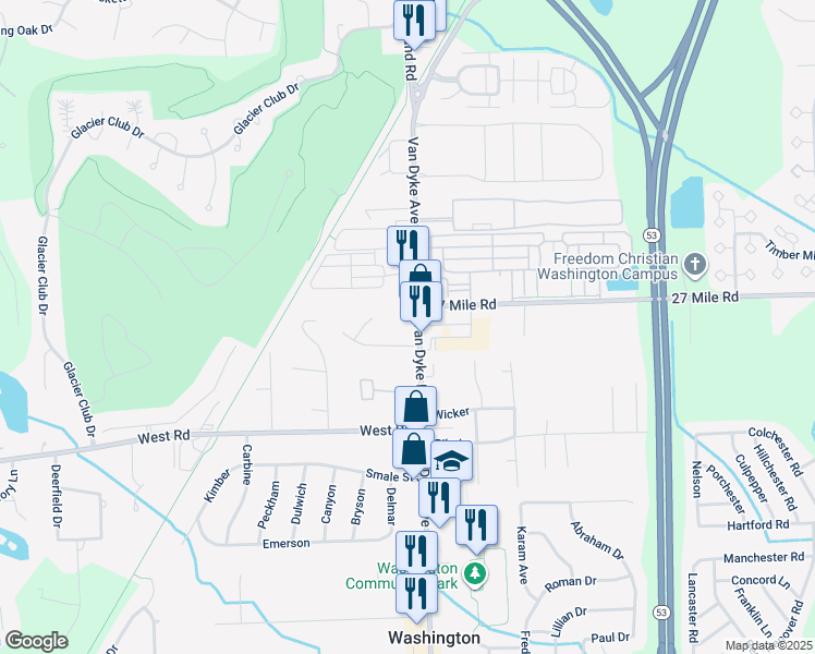 map of restaurants, bars, coffee shops, grocery stores, and more near 7701 Village Drive in Washington