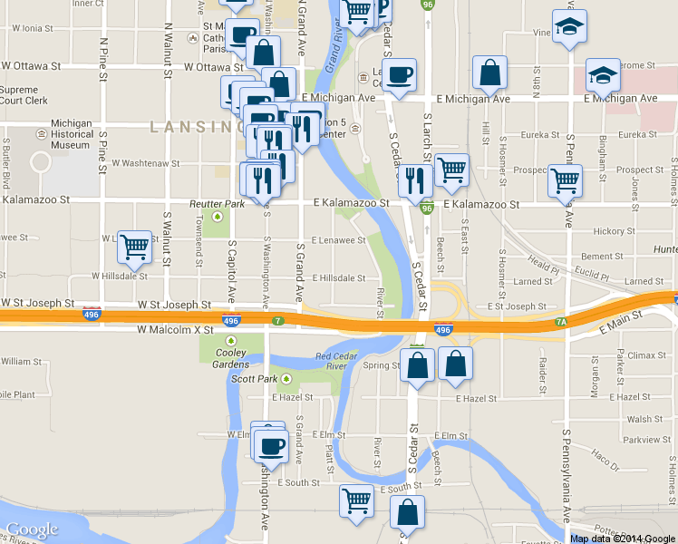 map of restaurants, bars, coffee shops, grocery stores, and more near 533 Cherry Street in Lansing