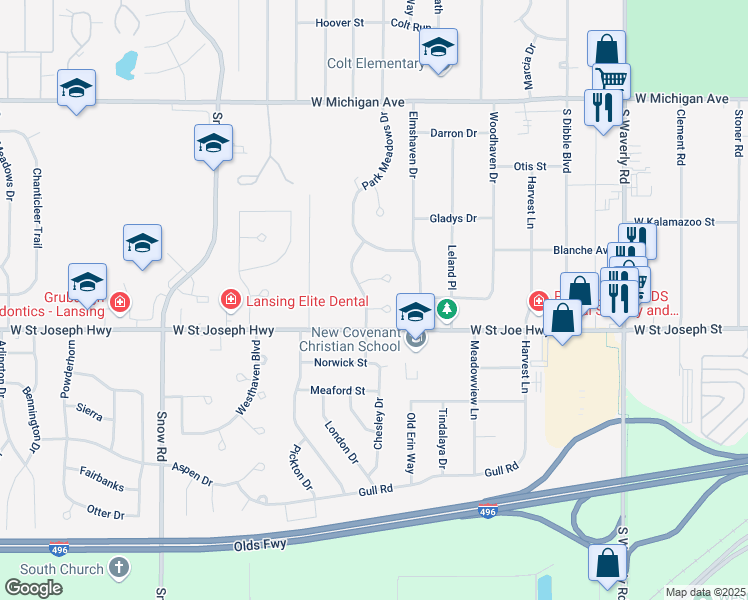 map of restaurants, bars, coffee shops, grocery stores, and more near 4522 Wildflower Way in Lansing
