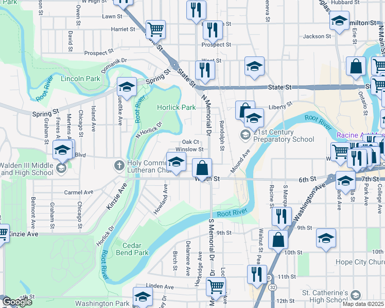 map of restaurants, bars, coffee shops, grocery stores, and more near 1607 Winslow Street in Racine
