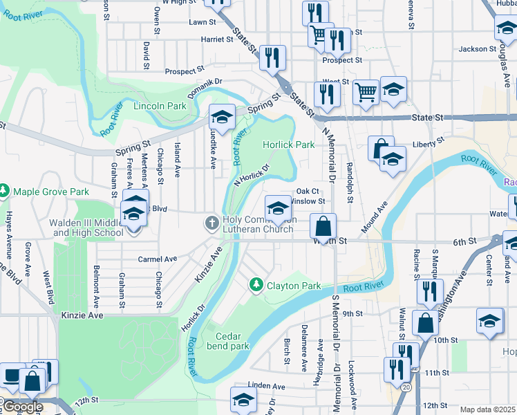 map of restaurants, bars, coffee shops, grocery stores, and more near 424 Parkview Drive in Racine