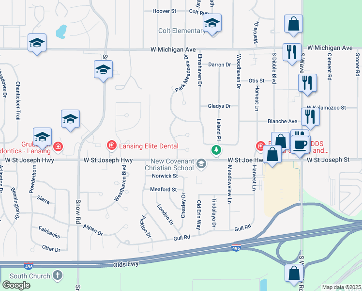 map of restaurants, bars, coffee shops, grocery stores, and more near 4522 Wildflower Way in Lansing