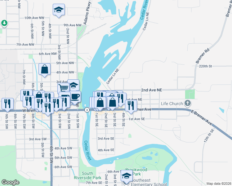 map of restaurants, bars, coffee shops, grocery stores, and more near 222 3rd Street Northeast in Waverly