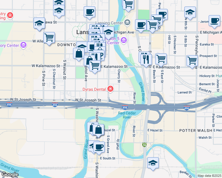 map of restaurants, bars, coffee shops, grocery stores, and more near 533 South Grand Avenue in Lansing