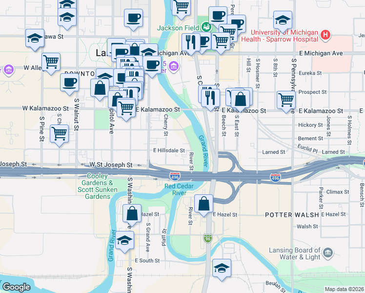 map of restaurants, bars, coffee shops, grocery stores, and more near 341 East Hillsdale Street in Lansing